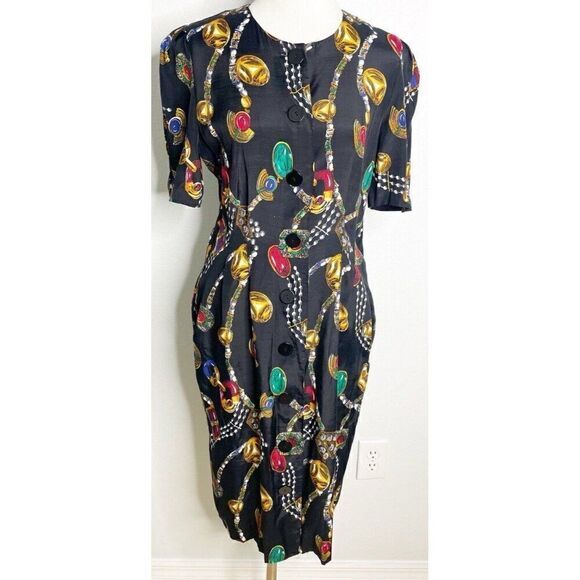 VTG 80's Karin Stevens Multi‎ Gem Jewelry  Button Front Midi Dress Novelty Fun 8 - Picture 1 of 4